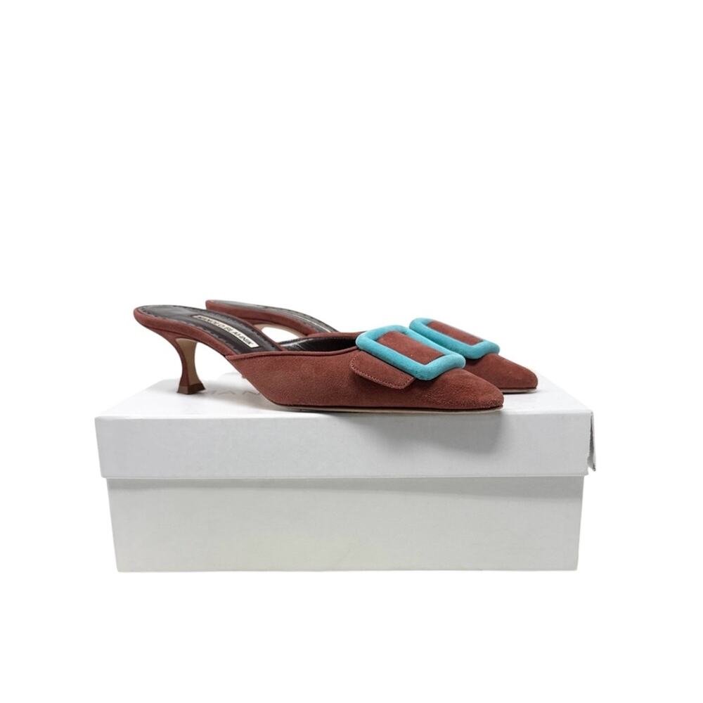 Manolo Blahnik Maysalebi 70MM Buckled Cinnamon Brown Suede Mules Size 37.5